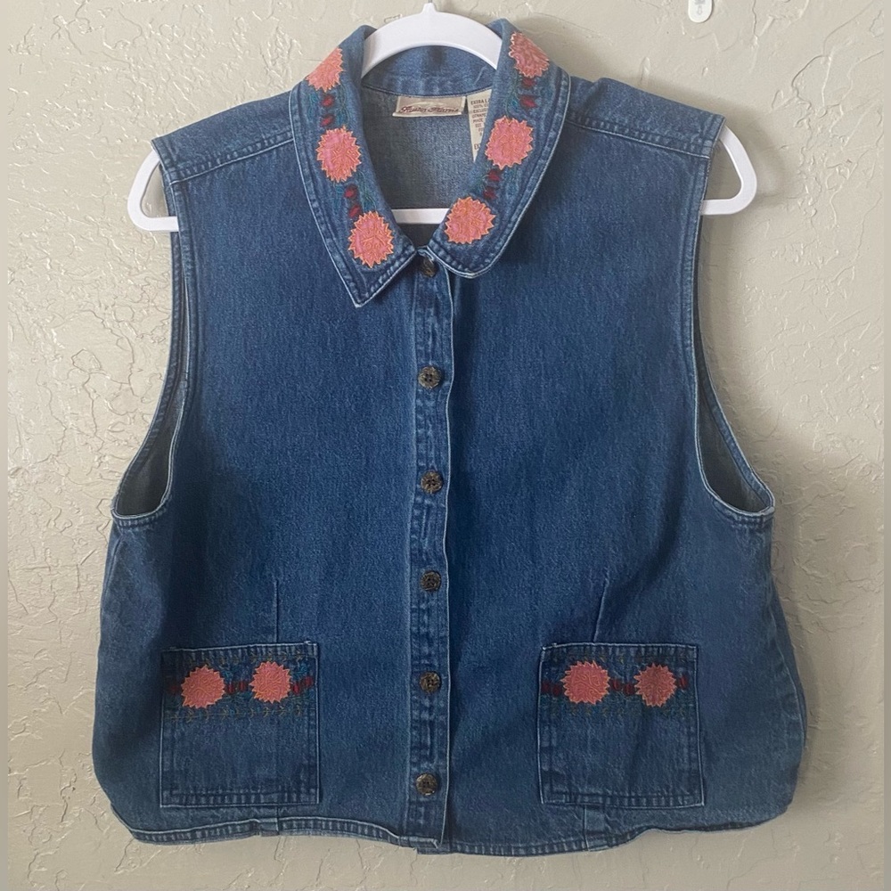 Austin Harris Cotton Blue Denim Vest Sz XL Women Floral Embroidery VTG 80 90s